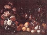 unknow artist Still life of Roses and convulvuli in a Glass vase,Together with peaches,grapes,pears and plums oil painting